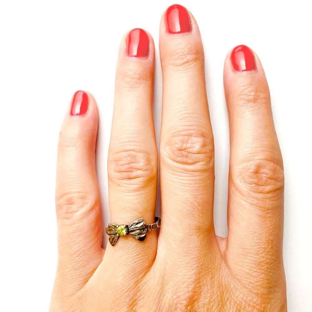 Vintage tarnished brass lime diamond & bow ring